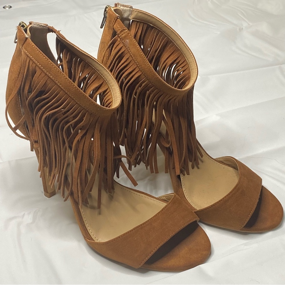TORRID brown suede fringy tassle open toe heel size 9